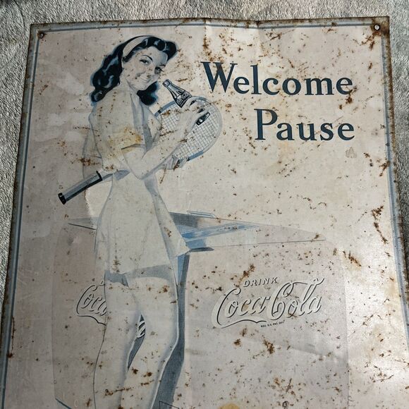 Vintage Welcome Pause Drink Coca-Cola Lady Tin Metal Sign 16" x 12 1/2" - Picture 2 of 9